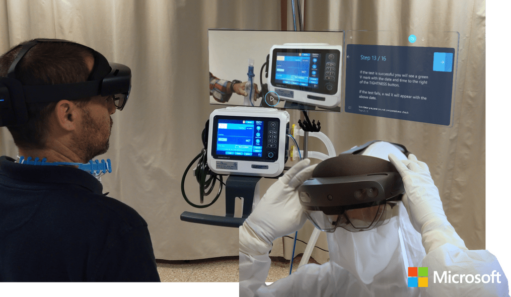 Person using Guides on HoloLens for ventilator training
